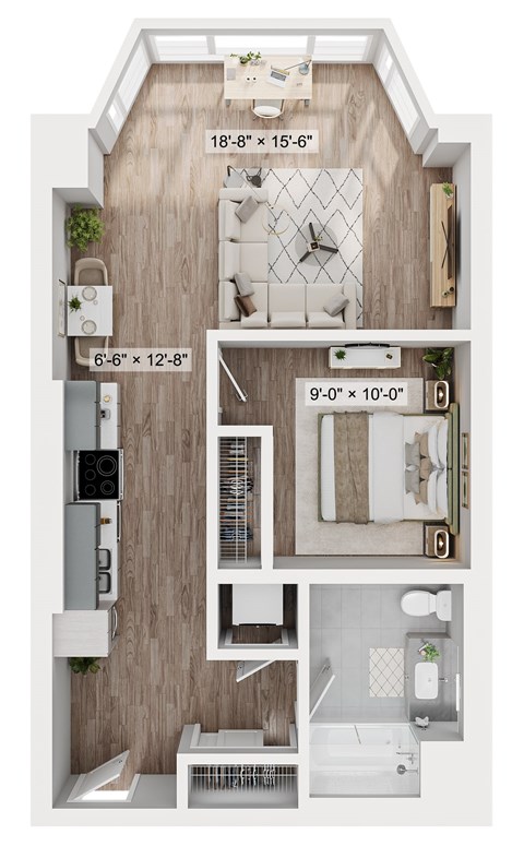A diagram of a small apartment with a living room, kitchen, and bathroom.